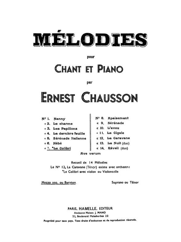 Mélodies: nº 7, Le colibri, por chant et piano (mezzo soprano ou baryton et piano)