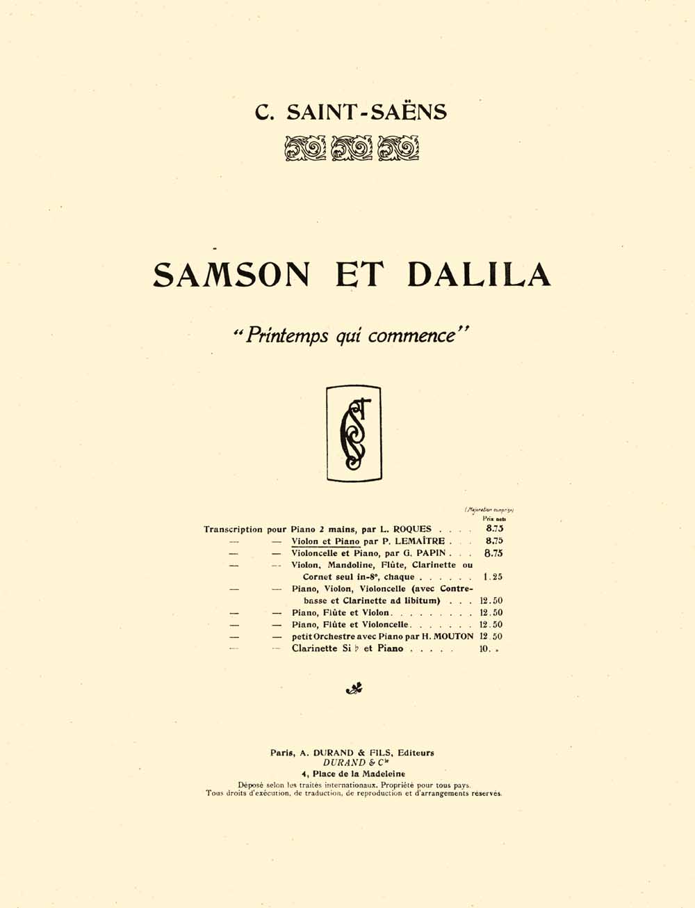 Samson et Dalila, Printemps qui commence, par P. Lemaître, violon et piano