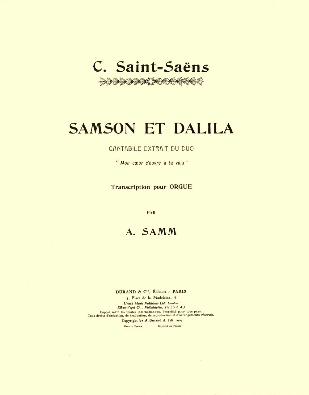 Samson et Dalila, cantabile extrait du Duo Mon cSur s'ouvre à ta voix  transcription par A. Samm, orgue