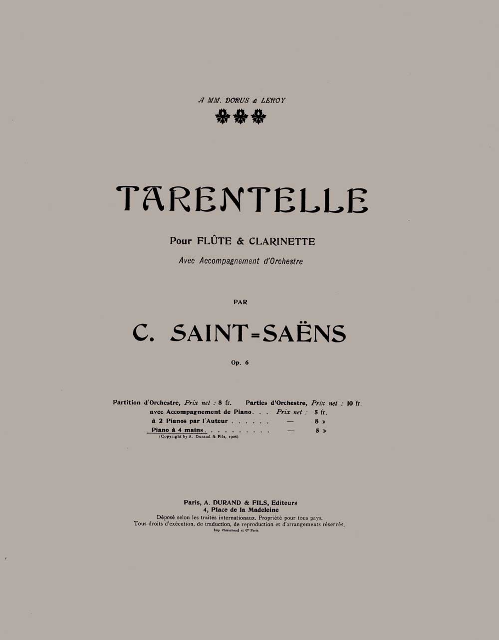 Tarentelle, pour flûte et clarinette avec accompagnement de orchestre