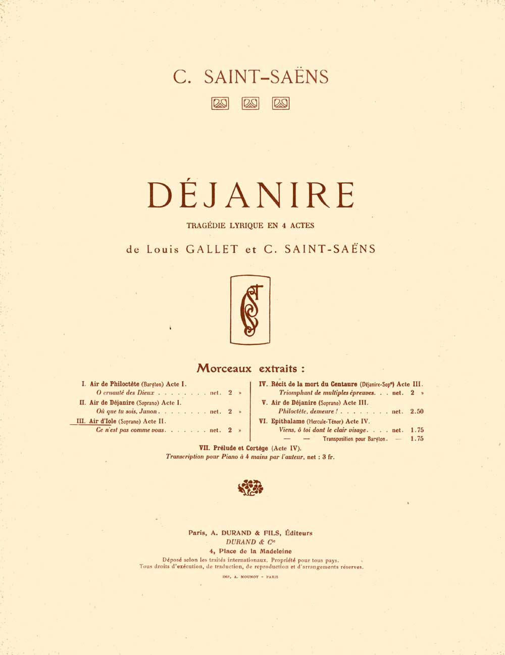 Dejanire, tragedie lyrique en 4 actes, extrait nº 3: Air d'Iole (acte II), soprano et piano. 9790044037551