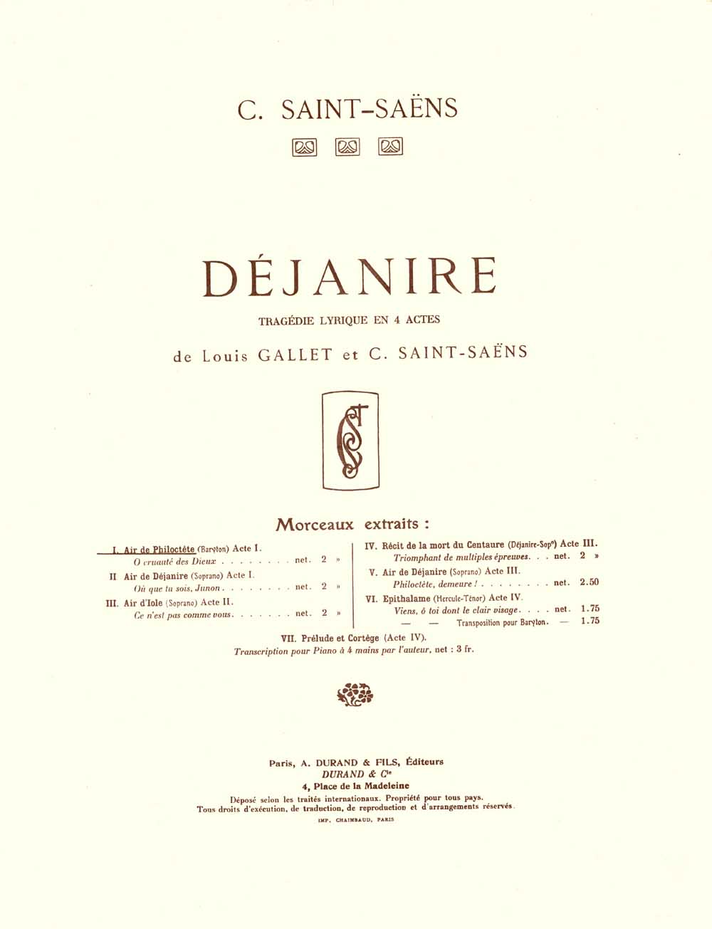 Dejanire, tragedie lyrique en 4 actes, extrait nº 1: Air de Philoctete (acte I), barytone et piano. 9790044037568