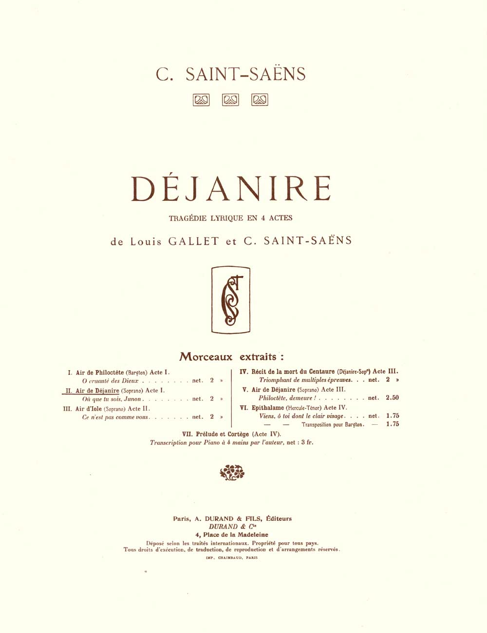 Dejanire, tragedie lyrique en 4 actes, extrait nº 2: Air de Dejanire (acte I), soprano et piano