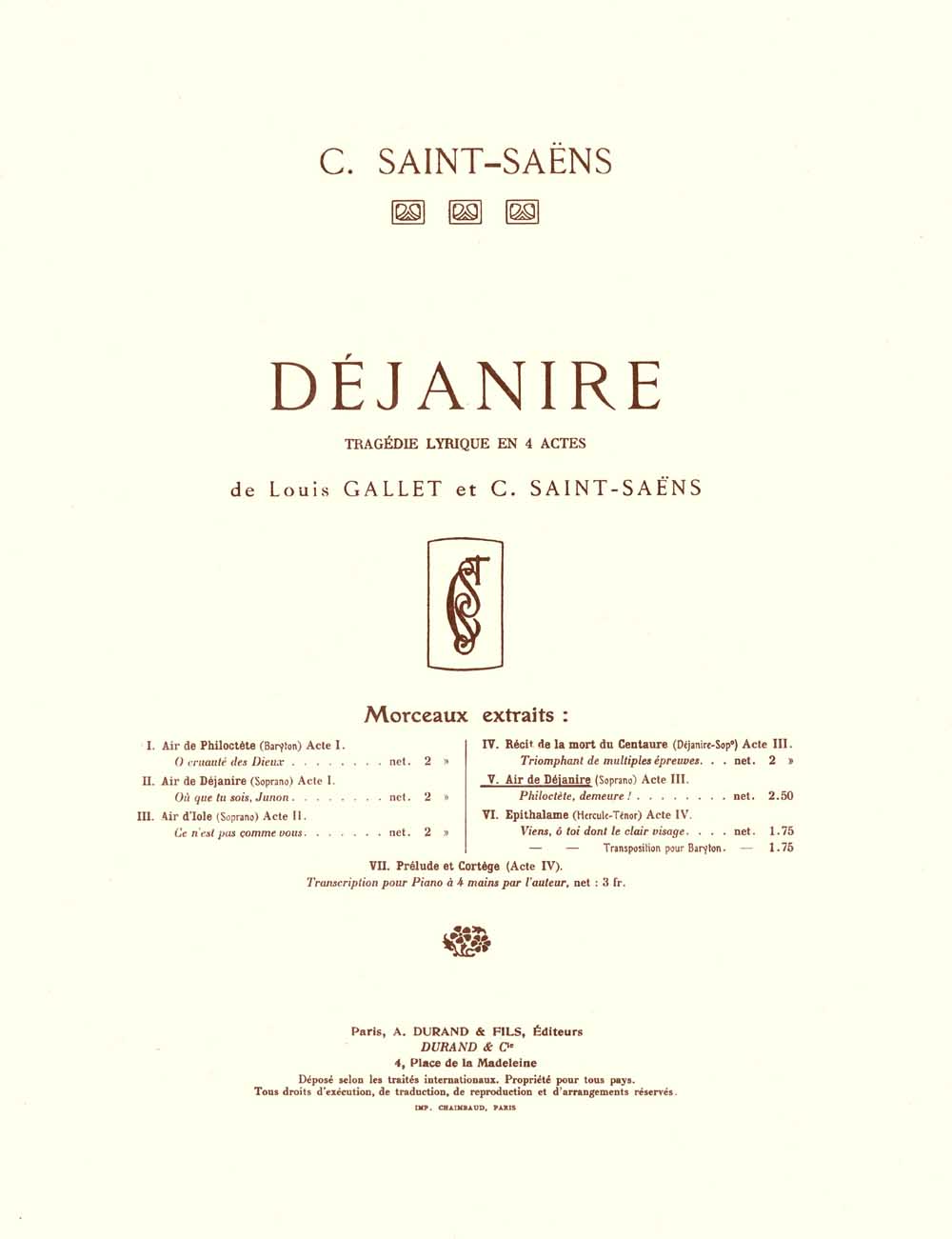 Dejanire, tragedie lyrique en 4 actes, extrait nº 5: Air de Dejanire (acte III), soprano et piano. 9790044037582