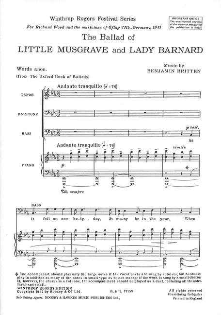 The Ballad of Little Musgrave and Lady Barnard, for men's choir (TBarB) and piano. 9790060013942