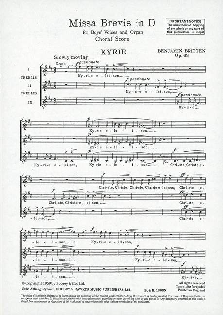 Missa Brevis in D op. 63, for boys' choir (SSA) and organ, choral score