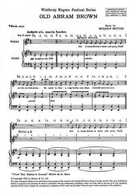 Friday Afternoons op. 7/12, No.12 Old Abram Brown, for children's choir (SSSS) and piano, choral score