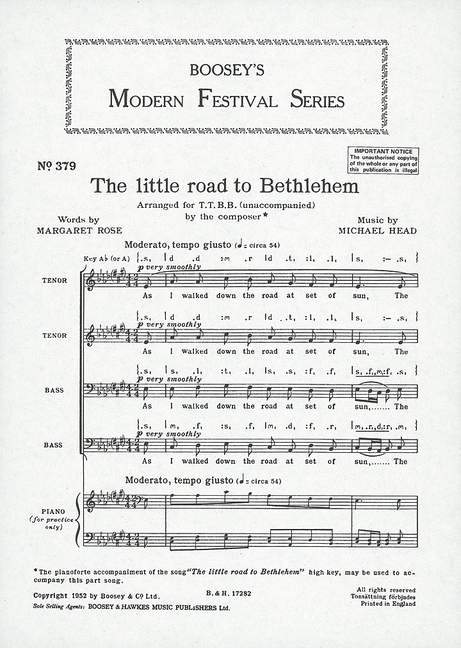 The little road to Bethlehem 379, for men's choir (TTBB) a cappella