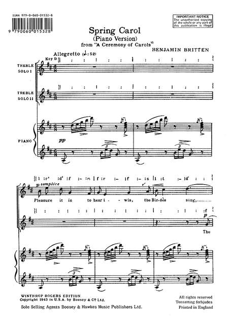 A Ceremony of Carols op. 28, Spring Carol, for children's choir (women's choir) (SS) and harp (piano), choral score
