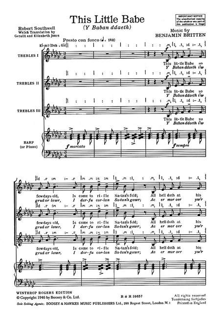 A Ceremony of Carols op. 28, This Little Babe, for children's choir (female choir) (SSS) and harp (piano), choral score