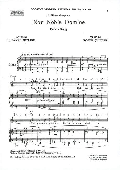 Non Nobis, Domine, for unison choir and piano, choral score