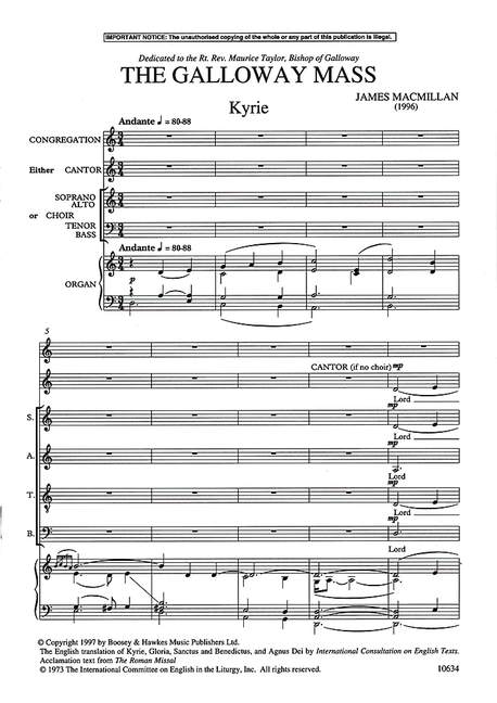 The Galloway Mass, for congregation, cantor or mixed choir (SATB) and organ, choral score. 9790060106347