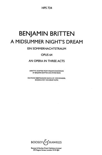 A Midsummer Night's Dream op. 64 HPS 734, Opera in three acts, study score