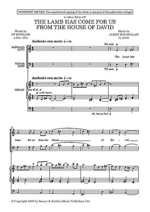The Lamb has come for us from the House of David, for mixed choir (SATB) and organ, choral score