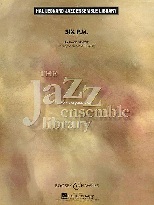 Six P. M., for alto saxophone, tenor saxophone, baritone saxophone, trumpet, trombone, guitar, piano, double bass, percussion, congas drums, vibraphone, flute optional, score and parts