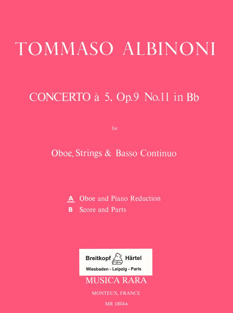 Concerto a 5 in B op. 9/11, Oboe and Piano. 9790004483916